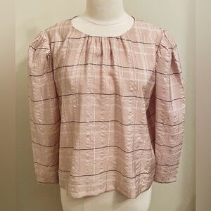 Ann Taylor Pink Black Silver Metallic Plaid L Retro Mod Office Chic Preppy Top